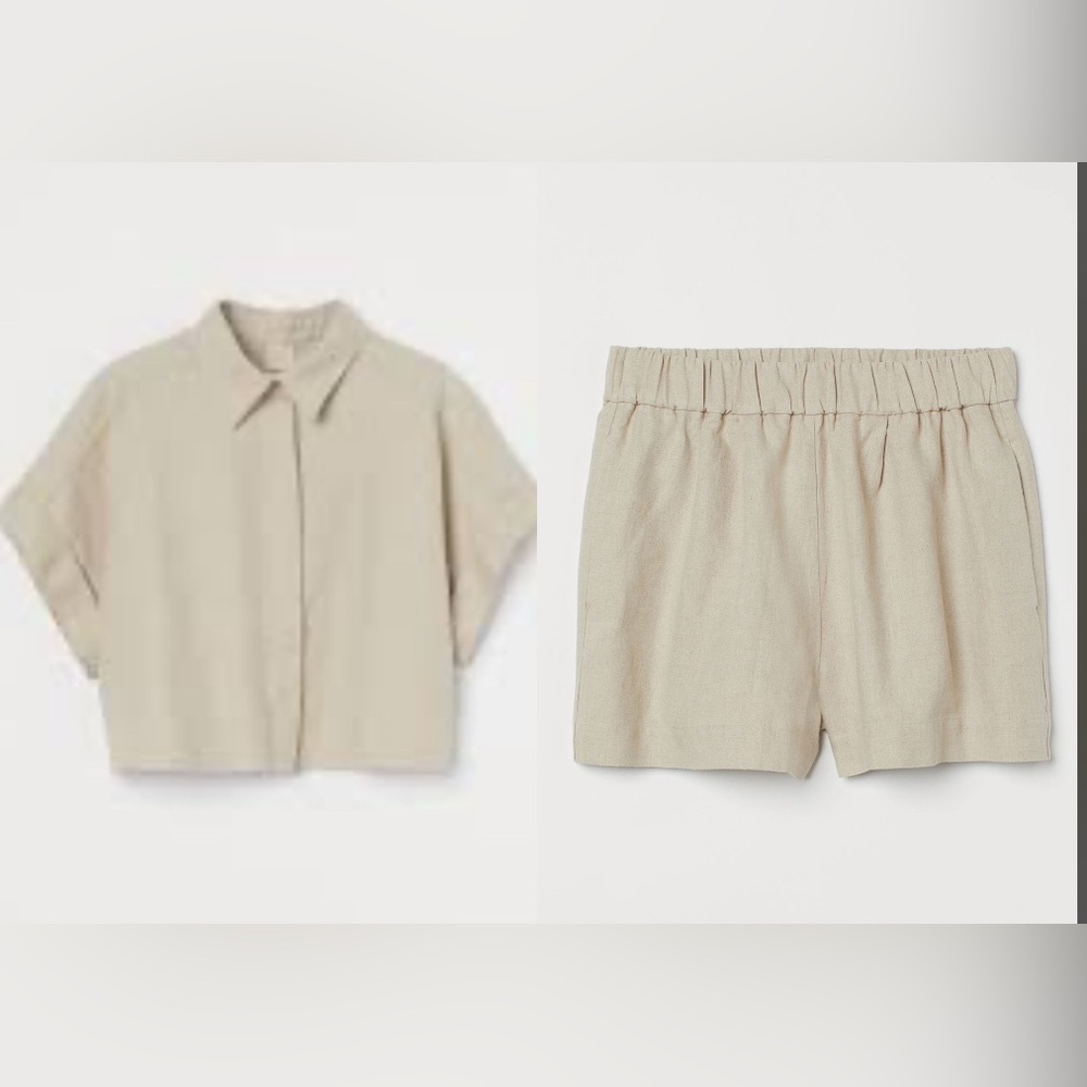 H&M BUTTON DOWN CROP TOP & HIGH WAIST SHORT SET SZ XS